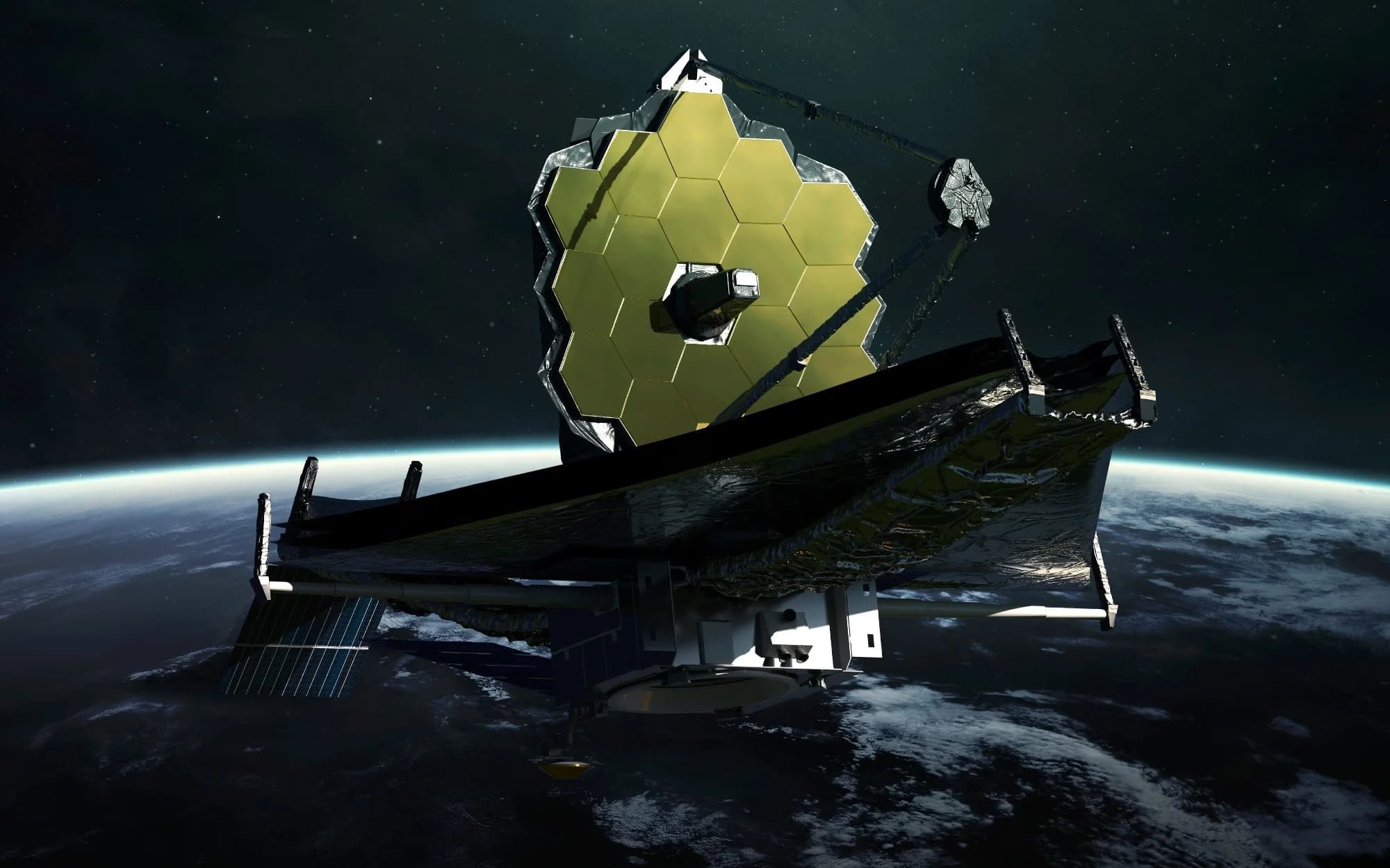 High-resolution rendering of the James Webb Space Telescope with its golden hexagonal mirrors deployed in deep space above Earth
